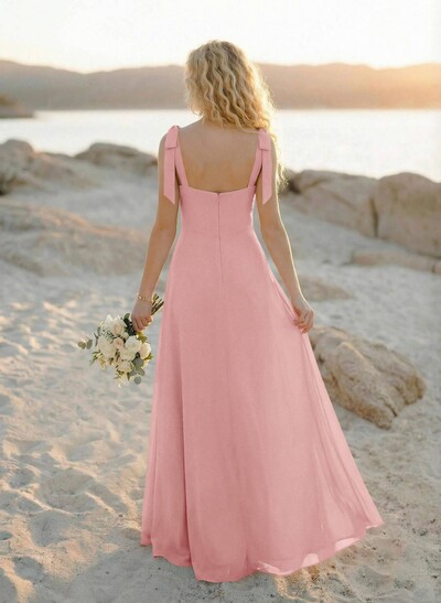 Simple Square Neckline Floor-Length Chiffon Bridesmaid Dresses With High Split