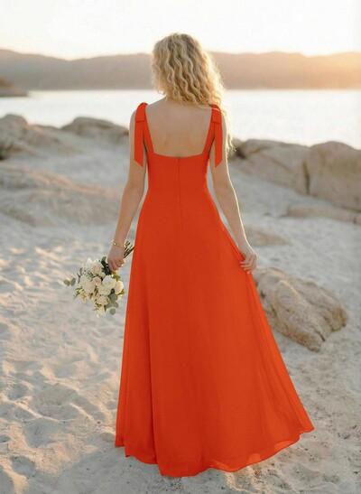 Simple Square Neckline Floor-Length Chiffon Bridesmaid Dresses With High Split