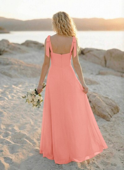 Simple Square Neckline Floor-Length Chiffon Bridesmaid Dresses With High Split