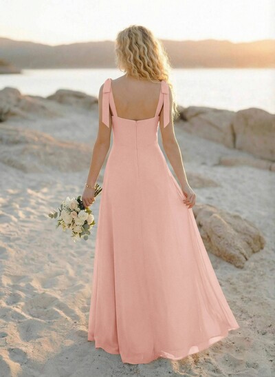 Simple Square Neckline Floor-Length Chiffon Bridesmaid Dresses With High Split