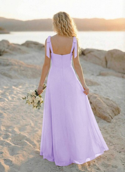 Simple Square Neckline Floor-Length Chiffon Bridesmaid Dresses With High Split