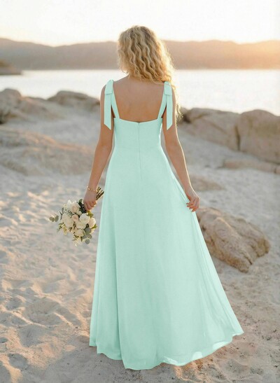 Simple Square Neckline Floor-Length Chiffon Bridesmaid Dresses With High Split