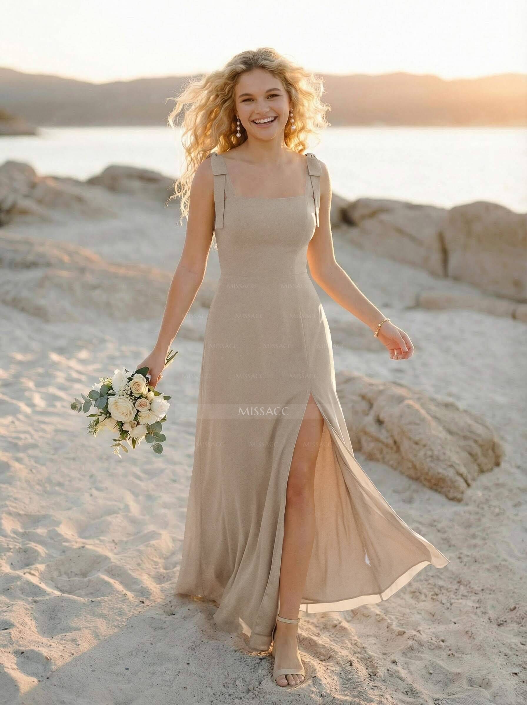 Simple Square Neckline Floor-Length Chiffon Bridesmaid Dresses With High Split