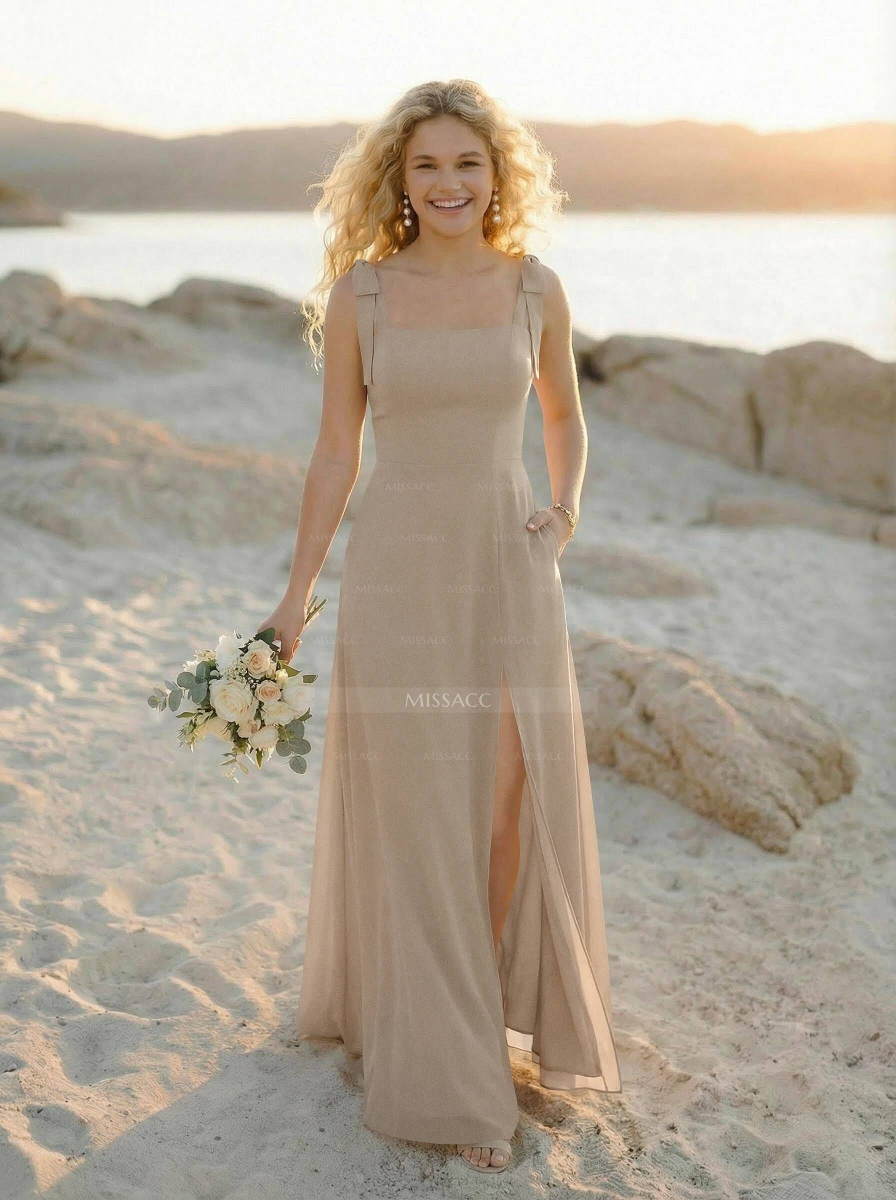 Simple Square Neckline Floor-Length Chiffon Bridesmaid Dresses With High Split