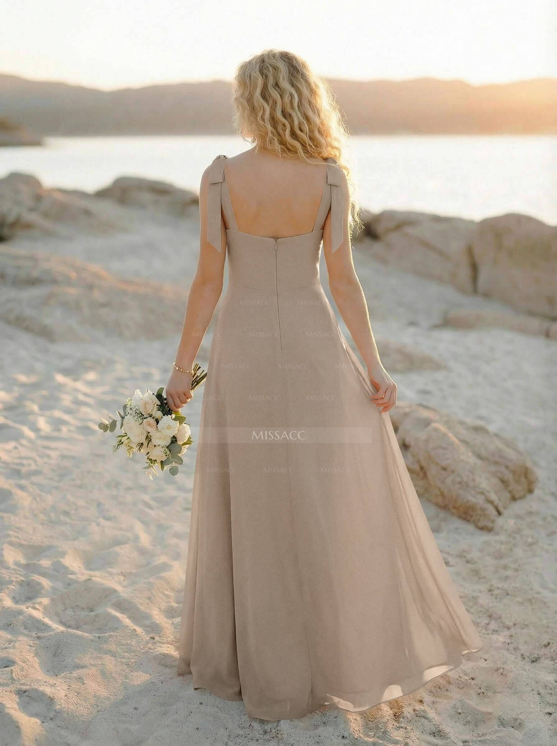 Simple Square Neckline Floor-Length Chiffon Bridesmaid Dresses With High Split