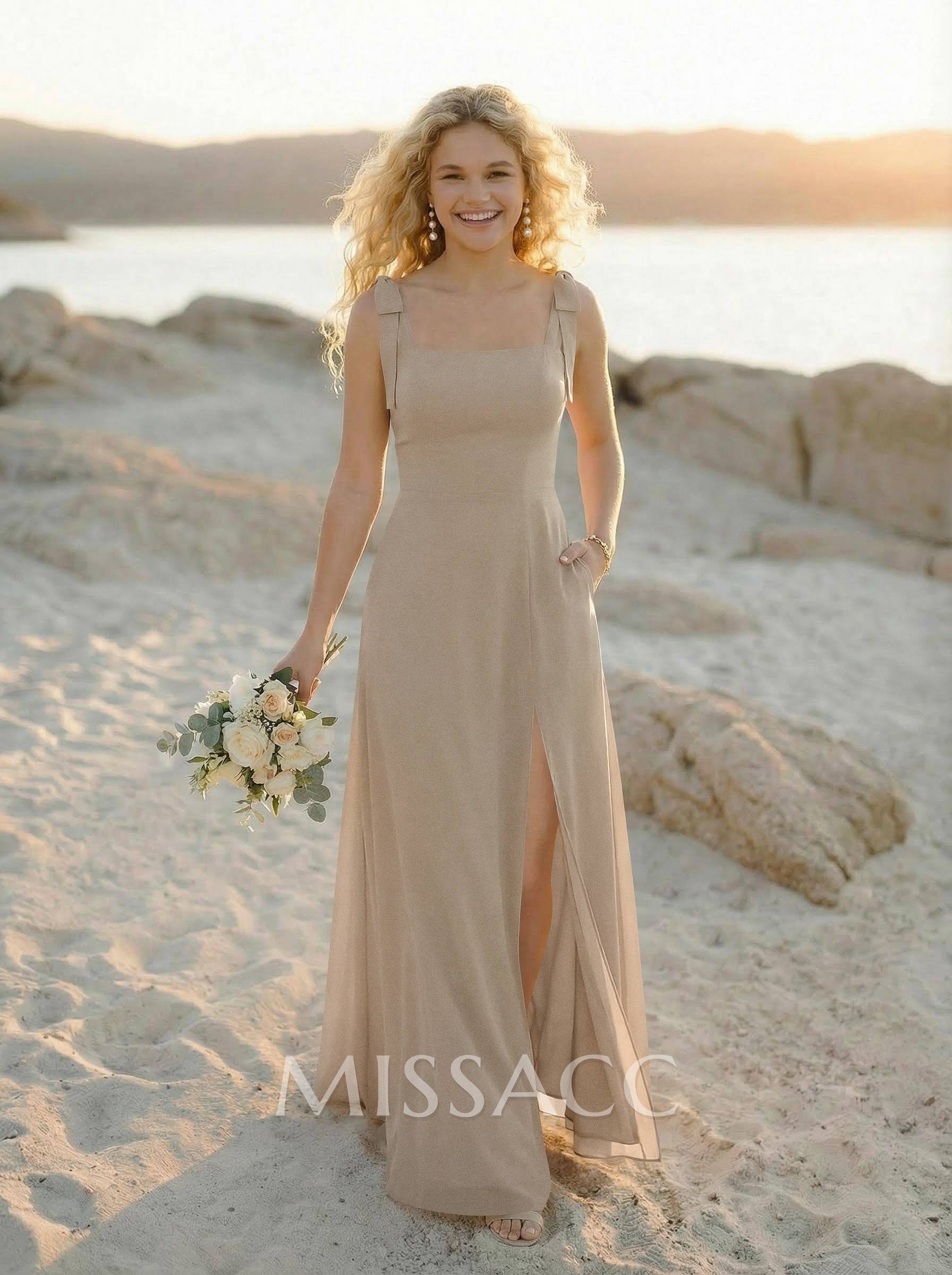 Simple Square Neckline Floor-Length Chiffon Bridesmaid Dresses With High Split Simple Square Neckline Floor-Length Chiffon Bridesmaid Dresses With High Split