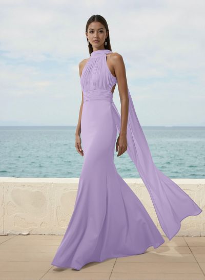 Elegant Trumpet Halter Chiffon Bridesmaid Dresses With Bare Back