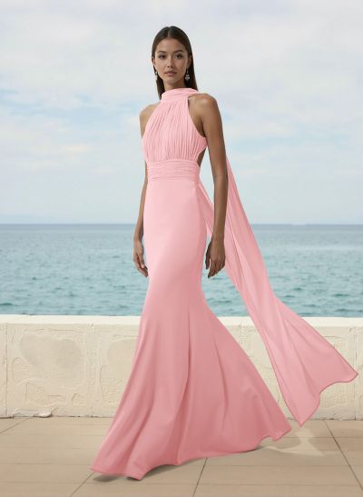 Elegant Trumpet Halter Chiffon Bridesmaid Dresses With Bare Back