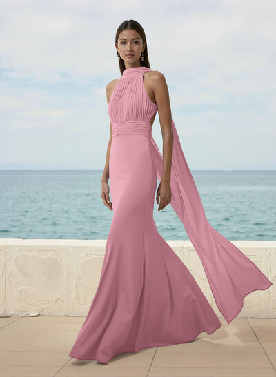 Elegant Trumpet Halter Chiffon Bridesmaid Dresses With Bare Back
