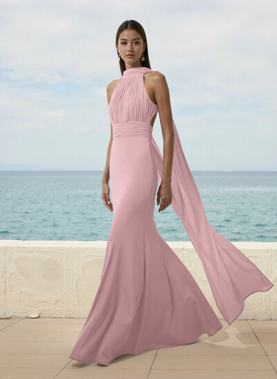 Elegant Trumpet Halter Chiffon Bridesmaid Dresses With Bare Back