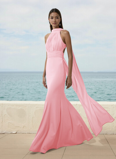 Elegant Trumpet Halter Chiffon Bridesmaid Dresses With Bare Back