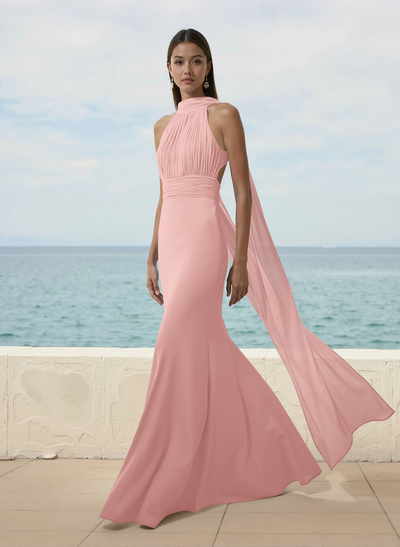 Elegant Trumpet Halter Chiffon Bridesmaid Dresses With Bare Back