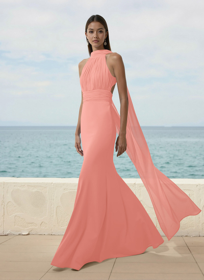 Elegant Trumpet Halter Chiffon Bridesmaid Dresses With Bare Back