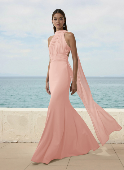Elegant Trumpet Halter Chiffon Bridesmaid Dresses With Bare Back