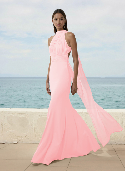 Elegant Trumpet Halter Chiffon Bridesmaid Dresses With Bare Back