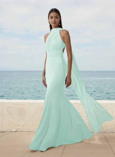Elegant Trumpet Halter Chiffon Bridesmaid Dresses With Bare Back