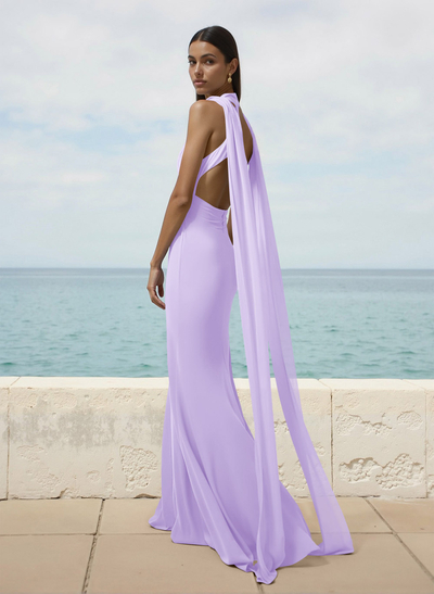 Elegant Trumpet Halter Chiffon Bridesmaid Dresses With Bare Back