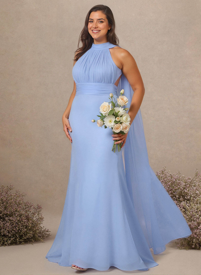 Elegant Trumpet Halter Chiffon Bridesmaid Dresses With Bare Back