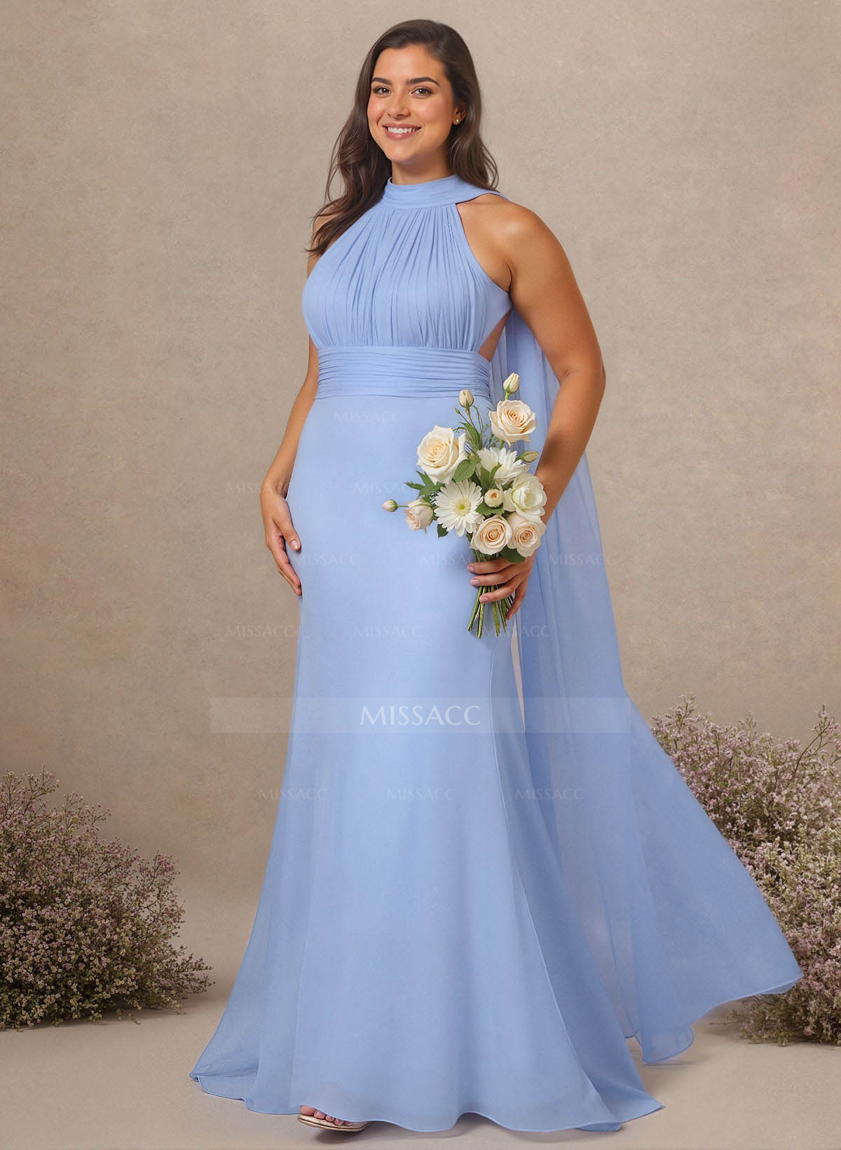 Elegant Trumpet Halter Chiffon Bridesmaid Dresses With Bare Back
