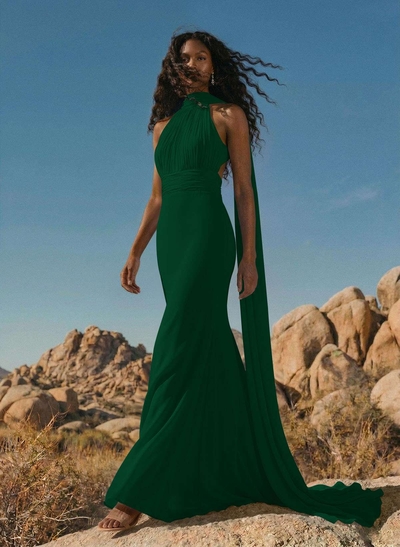 Elegant Trumpet Halter Chiffon Bridesmaid Dresses With Bare Back