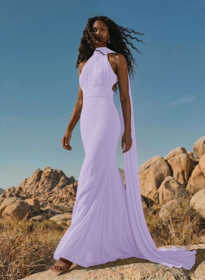 Elegant Trumpet Halter Chiffon Bridesmaid Dresses With Bare Back