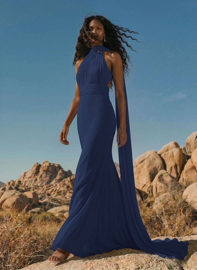 Elegant Trumpet Halter Chiffon Bridesmaid Dresses With Bare Back