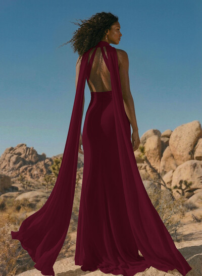 Elegant Trumpet Halter Chiffon Bridesmaid Dresses With Bare Back