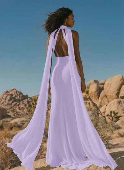 Elegant Trumpet Halter Chiffon Bridesmaid Dresses With Bare Back