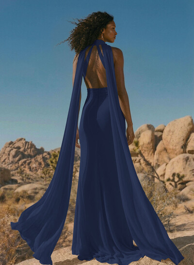 Elegant Trumpet Halter Chiffon Bridesmaid Dresses With Bare Back