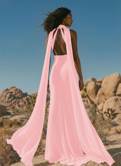 Elegant Trumpet Halter Chiffon Bridesmaid Dresses With Bare Back