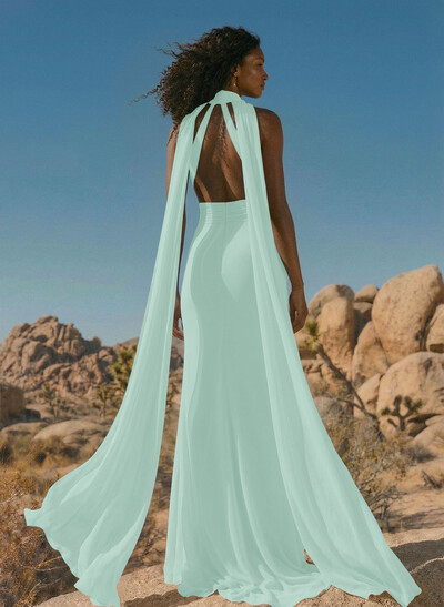 Elegant Trumpet Halter Chiffon Bridesmaid Dresses With Bare Back