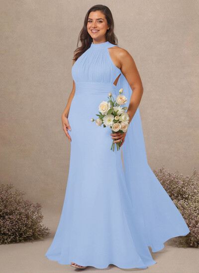 Elegant Trumpet Halter Chiffon Bridesmaid Dresses With Bare Back