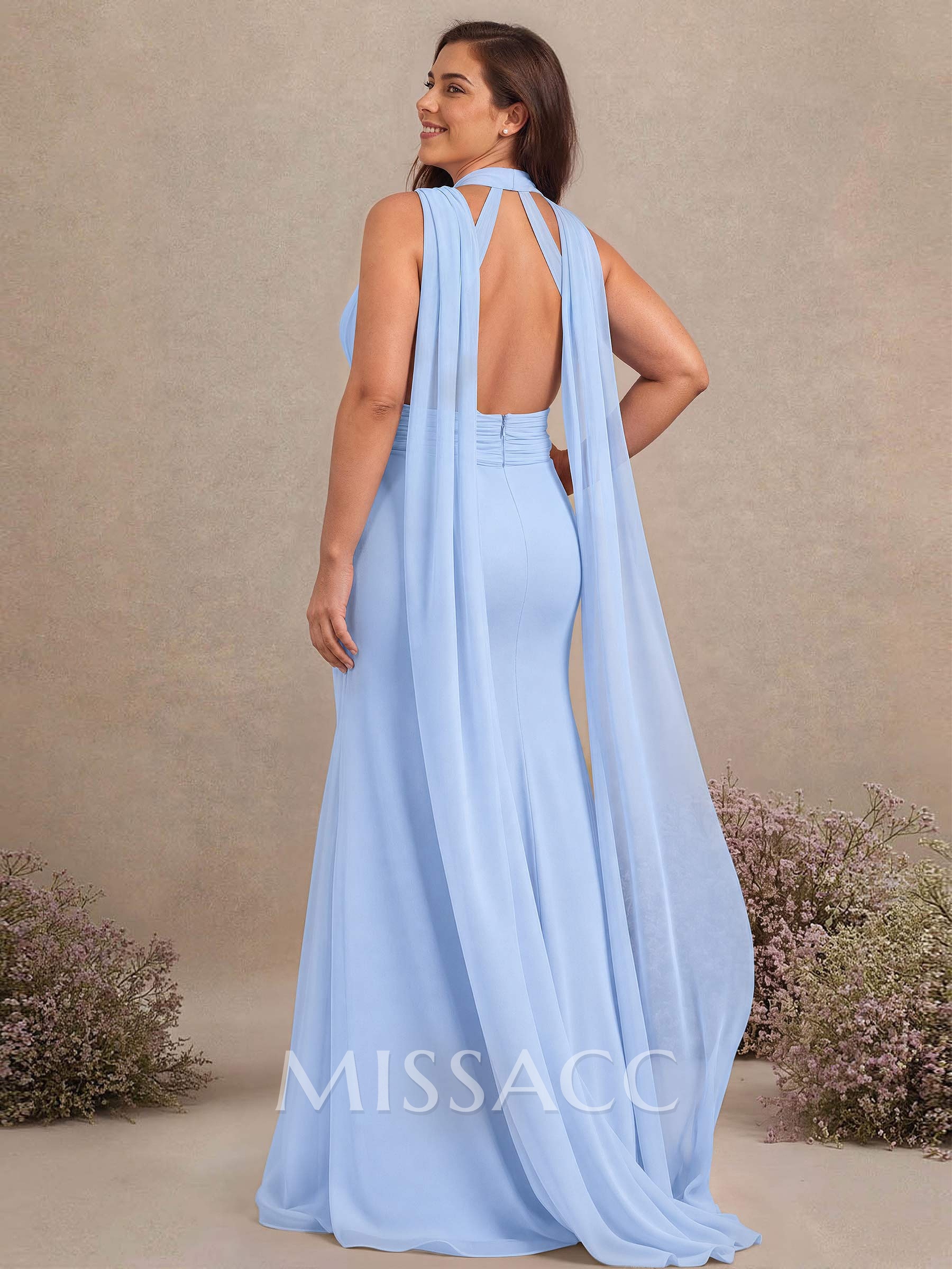 Elegant Trumpet Halter Chiffon Bridesmaid Dresses With Bare Back Elegant Trumpet Halter Chiffon Bridesmaid Dresses With Bare Back