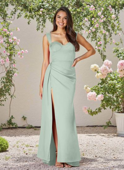 Classic Square Neckline Satin Bridesmaid Dresses With High Split