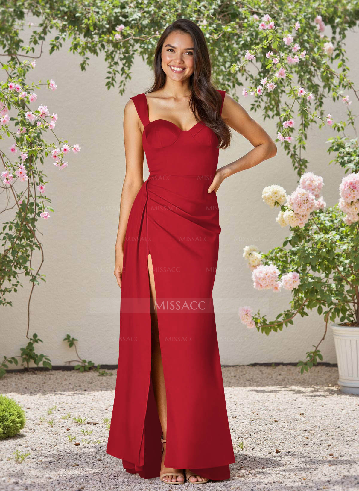 Classic Square Neckline Crepe Satin Bridesmaid Dresses With High Split