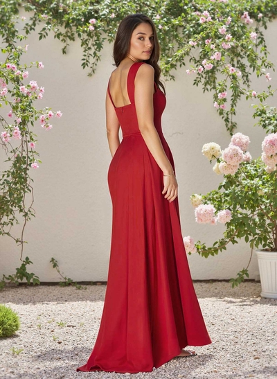 Classic Square Neckline Crepe Satin Bridesmaid Dresses With High Split