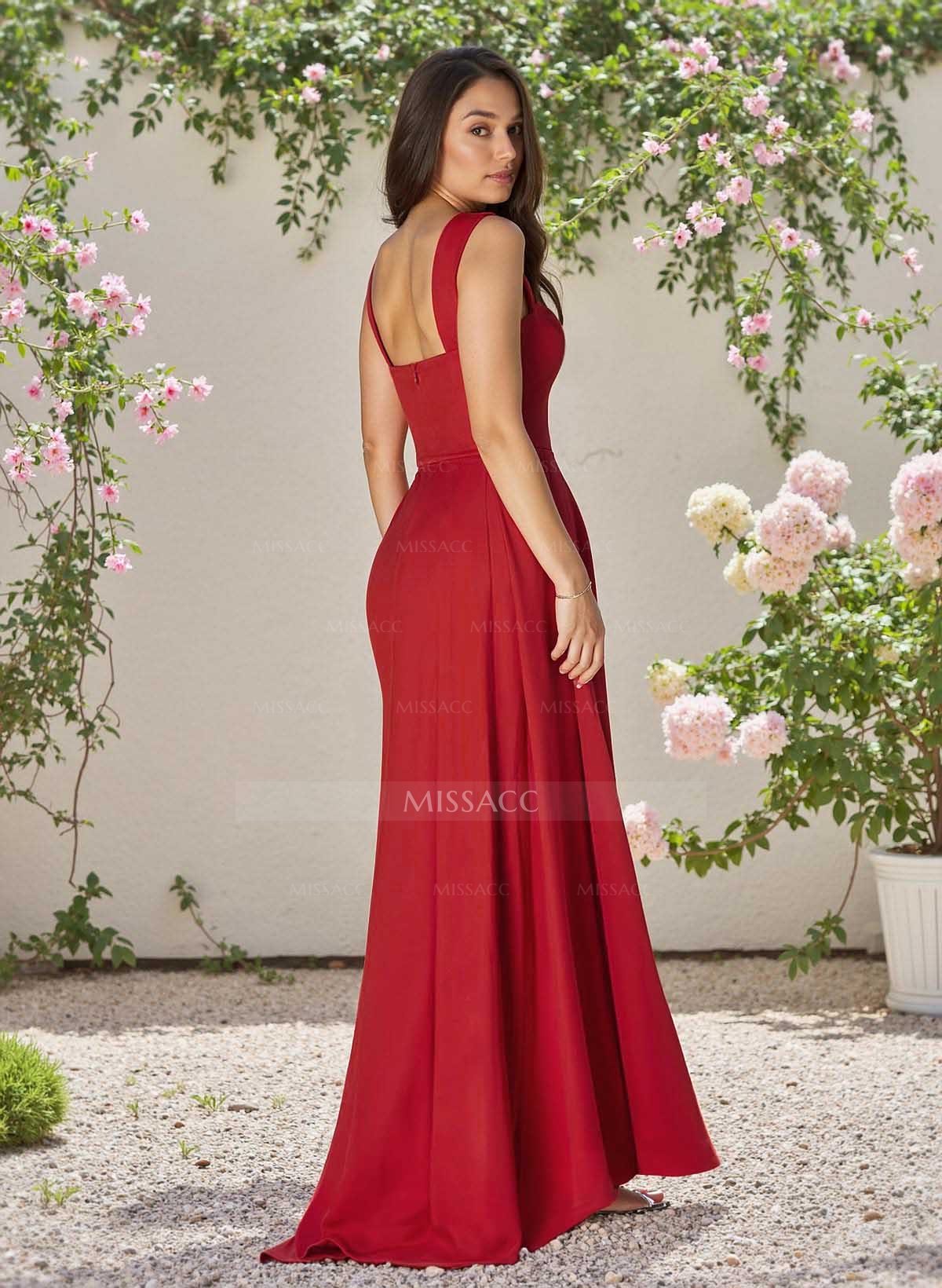 Classic Square Neckline Crepe Satin Bridesmaid Dresses With High Split