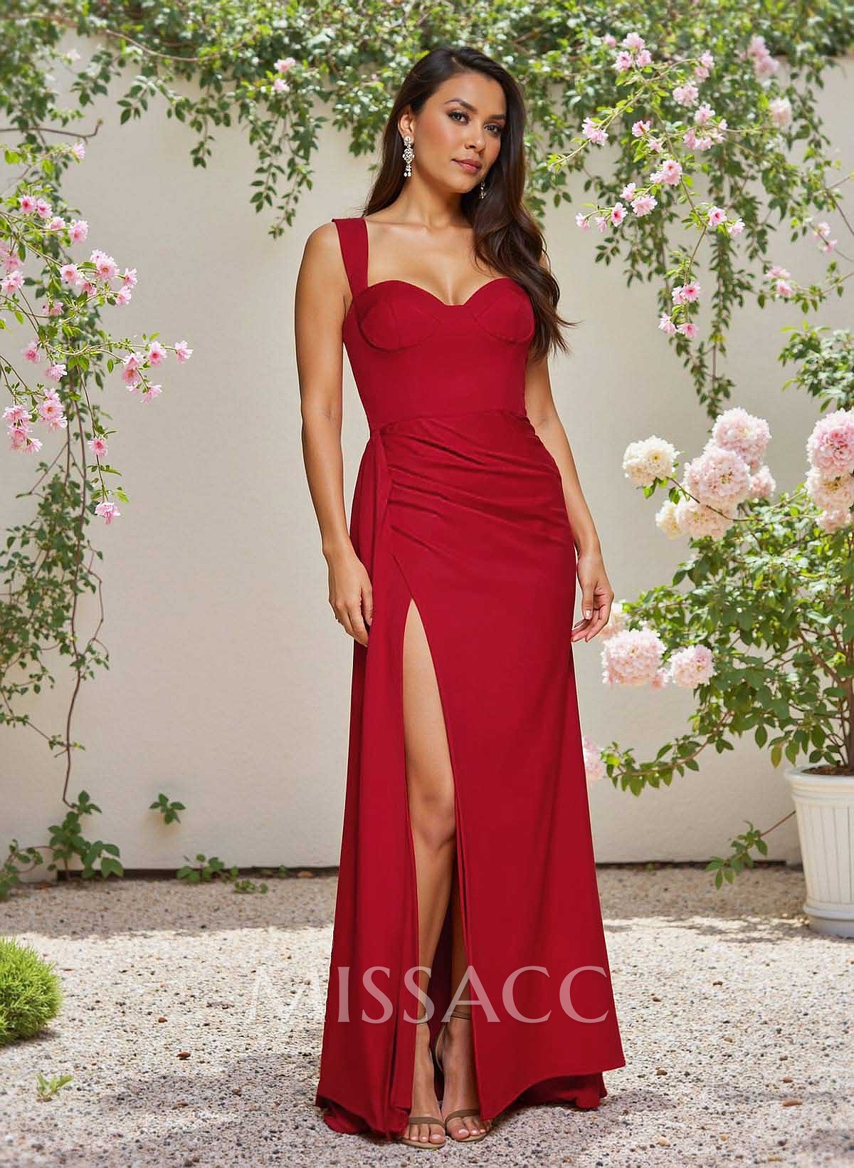 Classic Square Neckline Crepe Satin Bridesmaid Dresses With High Split