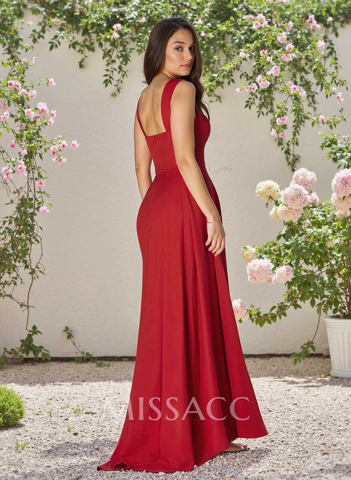 Classic Square Neckline Crepe Satin Bridesmaid Dresses With High Split
