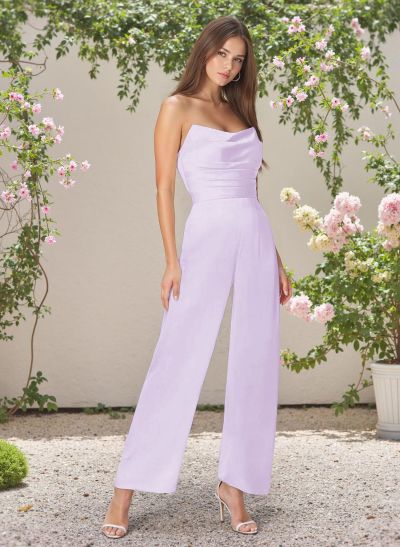 Classic Jumpsuit Strapless Cowl Neck Silk Like Satin Bridesmaid Dresses