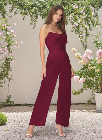 Classic Jumpsuit Strapless Cowl Neck Silk Like Satin Bridesmaid Dresses
