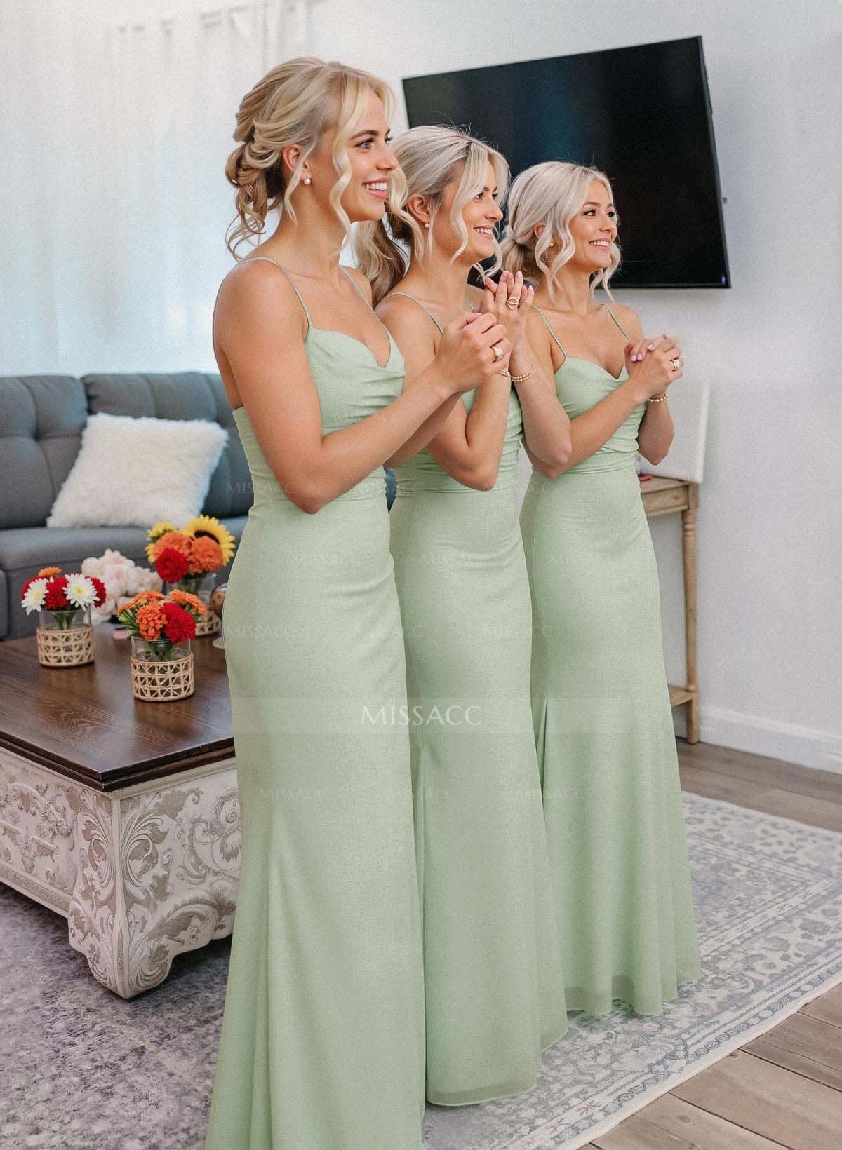 Simple Sweetheart Spaghetti Straps Floor-Length Chiffon Bridesmaid Dresses
