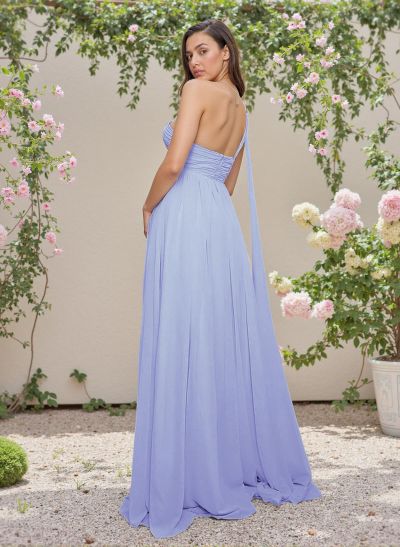 Elegant Ruched One-Shoulder A-Line Sweep Train Chiffon Bridesmaid Dresses