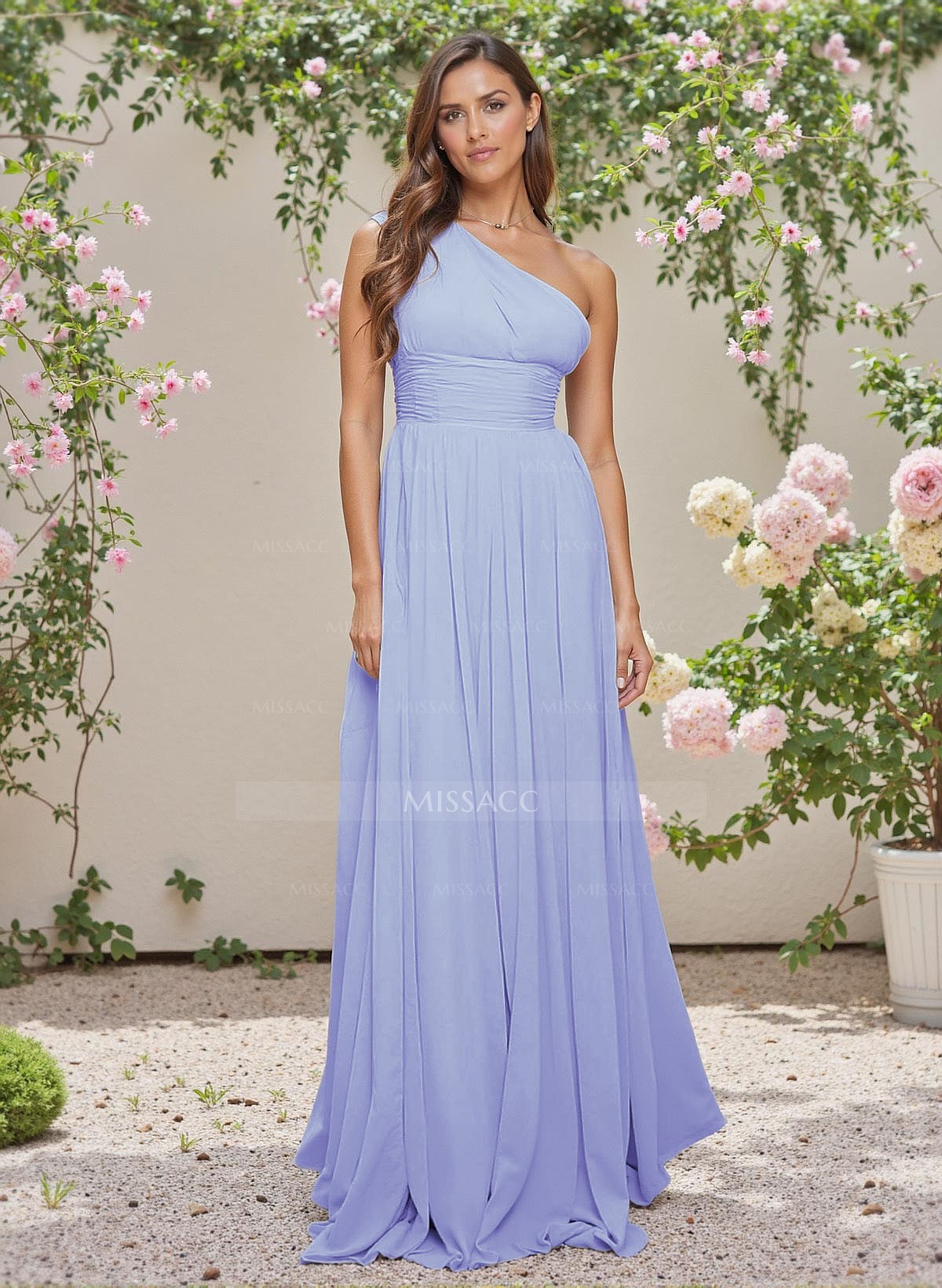 Elegant Ruched One-Shoulder A-Line Sweep Train Chiffon Bridesmaid Dresses