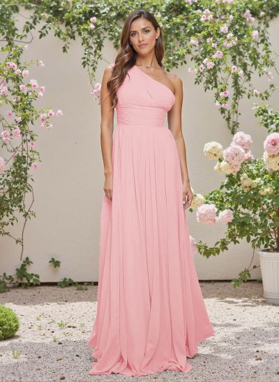 Elegant Ruched One-Shoulder A-Line Sweep Train Chiffon Bridesmaid Dresses