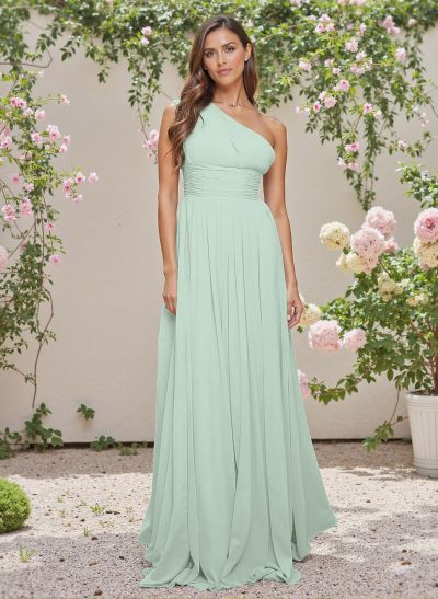 Elegant Ruched One-Shoulder A-Line Sweep Train Chiffon Bridesmaid Dresses