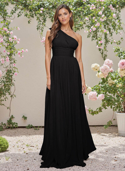 Elegant Ruched One-Shoulder A-Line Sweep Train Chiffon Bridesmaid Dresses