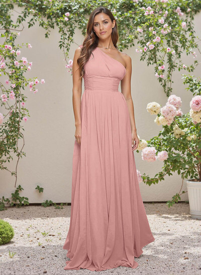 Elegant Ruched One-Shoulder A-Line Sweep Train Chiffon Bridesmaid Dresses