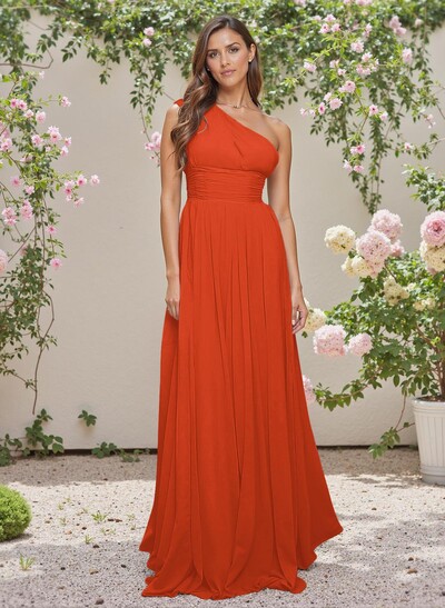 Elegant Ruched One-Shoulder A-Line Sweep Train Chiffon Bridesmaid Dresses