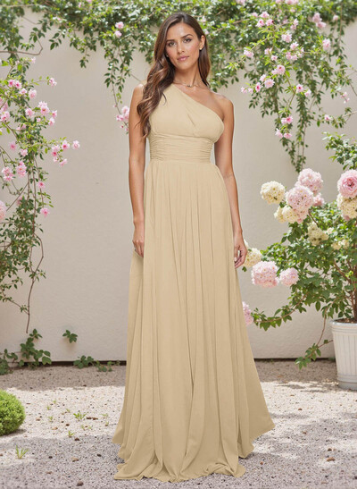 Elegant Ruched One-Shoulder A-Line Sweep Train Chiffon Bridesmaid Dresses